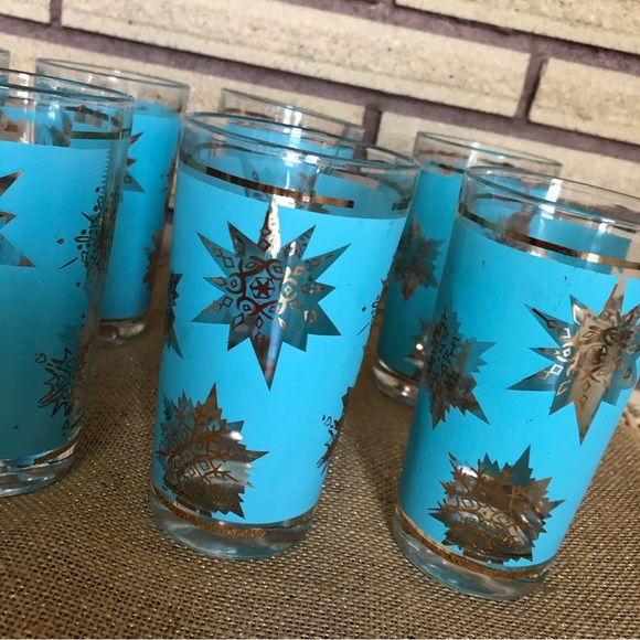 60's Aqua/Gold Starburst Glasses - 8 - Tumblers - Highballs - Barware -Glassware - Picture 11 of 14